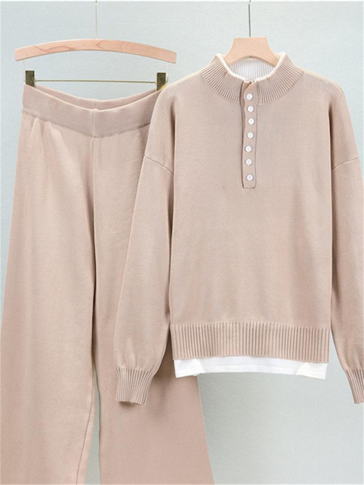 Female Autumn Loose Small Fragrant Style Fake Two-Piece Sweater Set Knitted Wide Leg Pants Two Piece Set