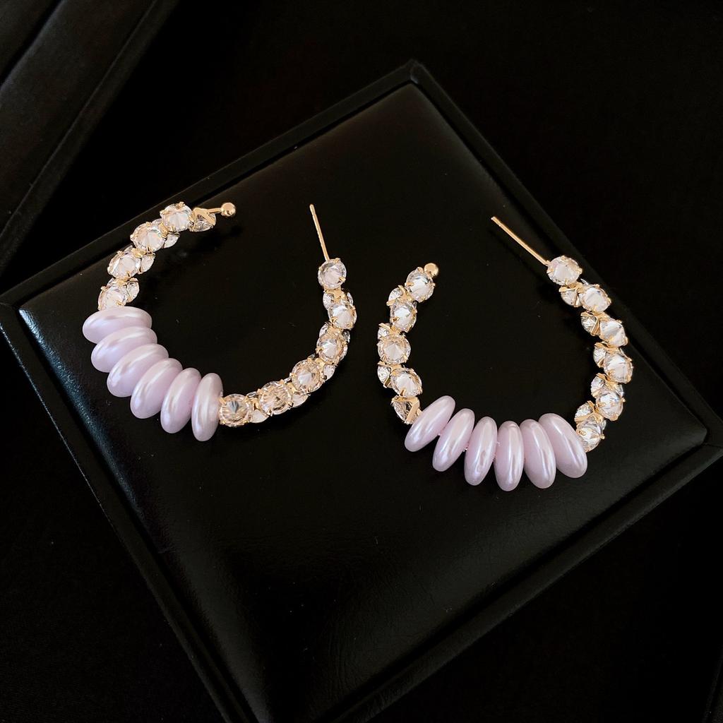 18k Gold Electroplated Zircon C-shaped Pearl Earrings for Women European and American Exaggerated Hoop Earrings High-end Zircon