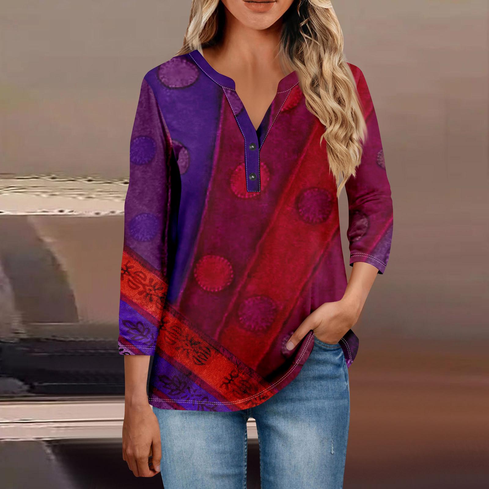 

Женские топы с воротником на пуговицах, женские повседневные топы с рукавом 3/4 и v-образным вырезом, модные рубашки с принтом, топы, футболки с карманами XL фиолетовый