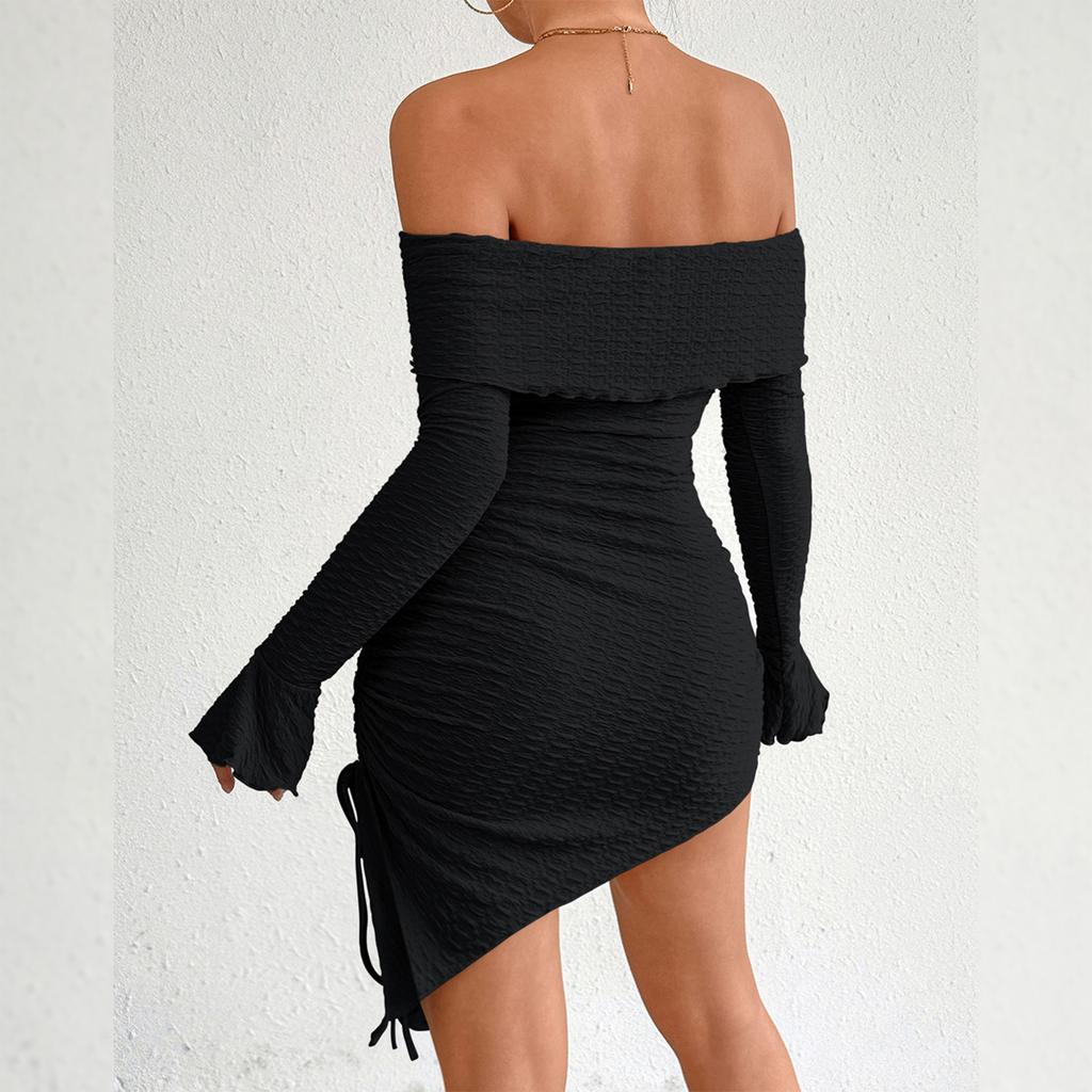 Women's Off-the-shoulder Hip Dress With Bell-sleeves