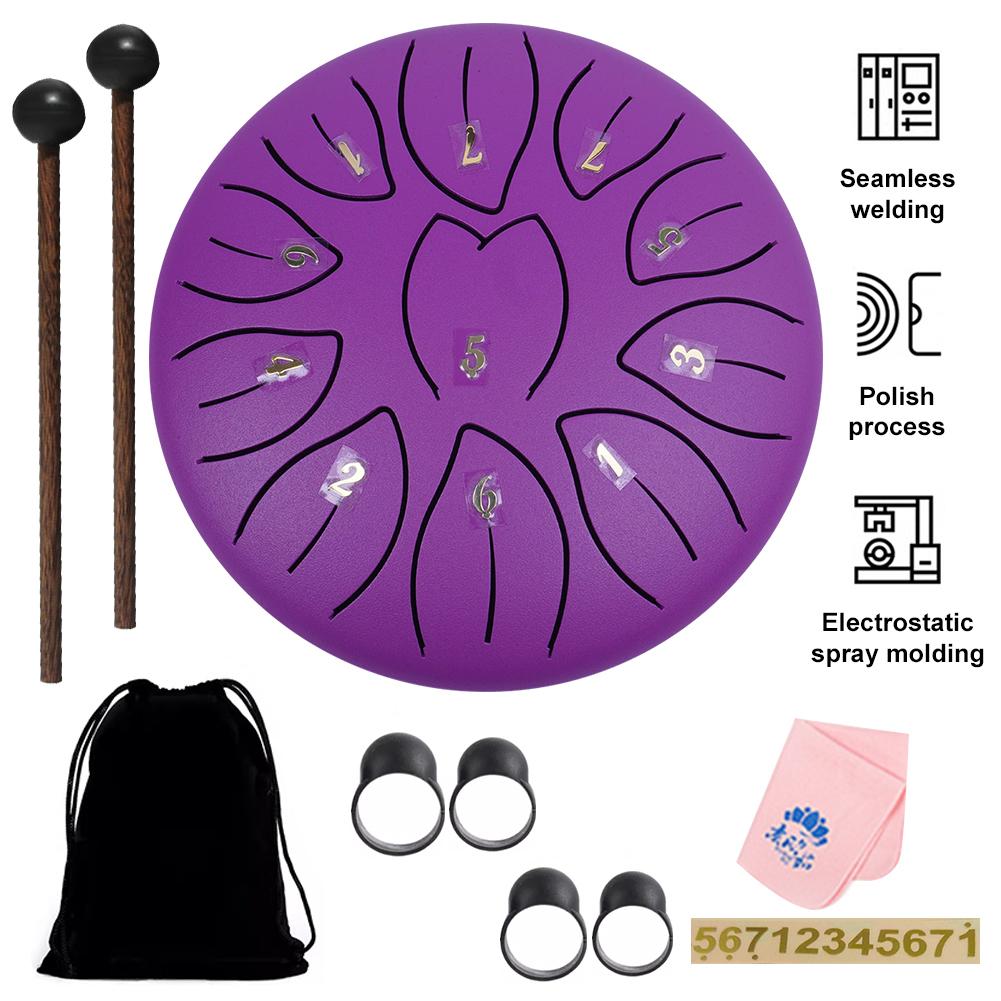 

6-дюймовый стальной язычковый барабан 11 нот Ручной барабан ударные инструменты Ручной барабан Звук лечебные инструменты для медитации фиолетовый