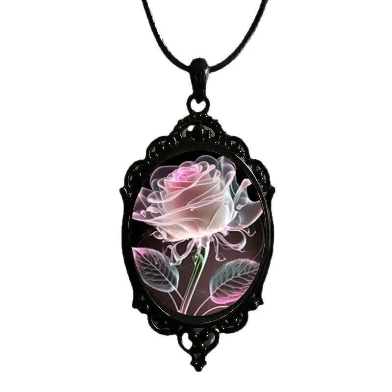 

Charm Pink Flower Pendant Crystal Necklace Rose Pattern Glass Ellipse A niche style suitable for Romantic Gifts Special Occasion 45cm