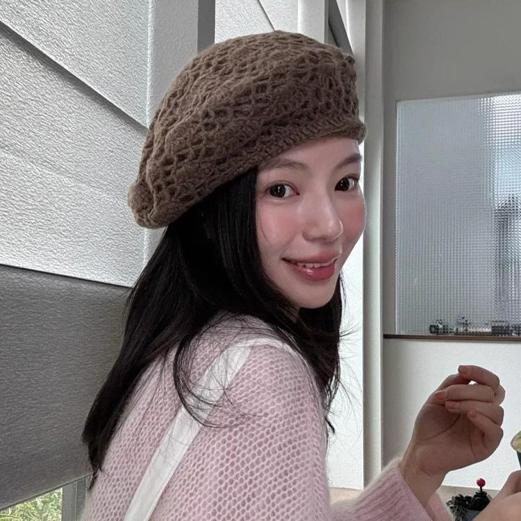 Versione Coreana Berretto a Maglia Retro Maillard da Donna Autunno Inverno Caldo Piccolo Cappello da Pittore Facciale Cappello in Lana Intrecciata