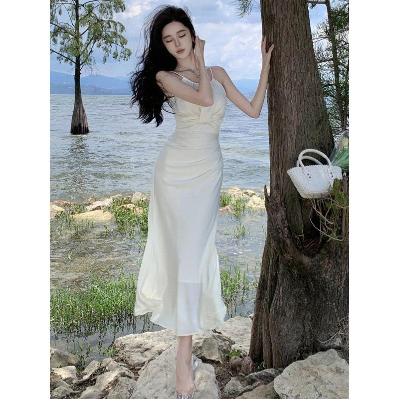 Neck Sling Dress Women's Satin High-end Sense Thin White Dress Registration Fishtail Temperament Skirt