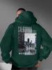 Black and White City Street Scene Back Large Print Loose Hooded Sweater Men and Women Casual Pullover