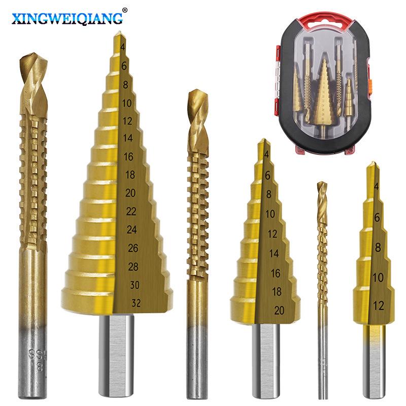 6-Piece Titanium-Plated Pagoda Step Drill Bit Set with Triangle Shank for Woodworking and Grooving