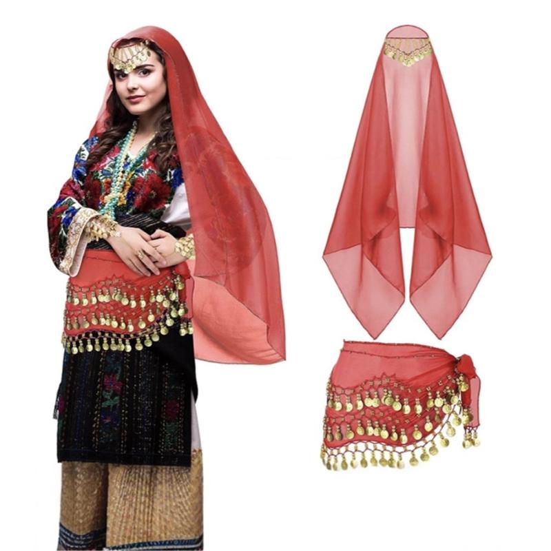 Set Premium per Esibizioni di Danza del Ventre Sciarpa per Vita Bracciale Fascia per Capelli Fibra di Poliestere Accessori Costume per Spettacoli Teatrali