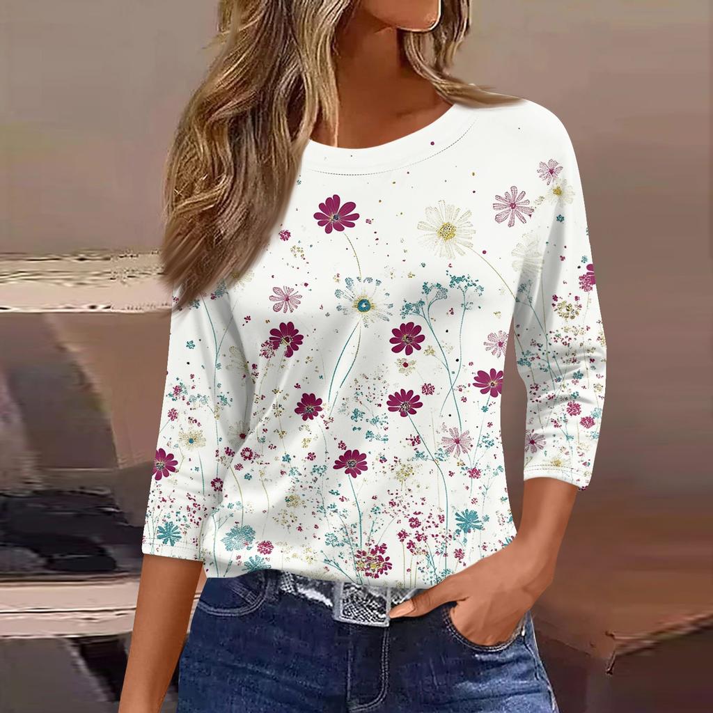 Women's Three-Quarter Sleeve Shirt, Round Neck, Loose Fit, Casual Shirt, Floral Print T-Shirt, Summer