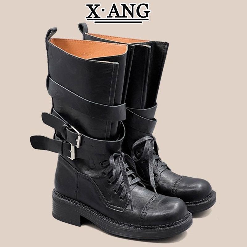 Leather Martin boots women's boots autumn new belt buckle knight boots locomotive boots retro single boots medium boots