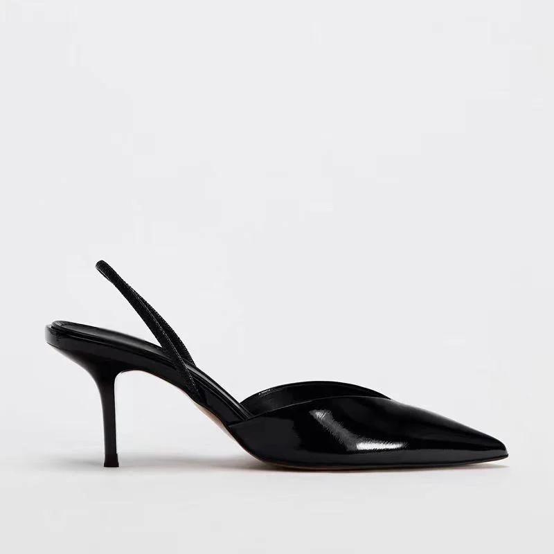 Sexy Patent Leather Black Office Lady sandals Elegant Pointed Stilettos Concise Design  High Heeled Women Dress Shoes