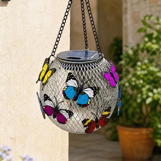 Solar-Schmetterlings-Hängeleuchte mit LED, Wasserdicht für den Außenbereich, Farbwechselnde Metall-Gartenlampe mit Kette, Solar-Garten-Hängekugel für Terrasse