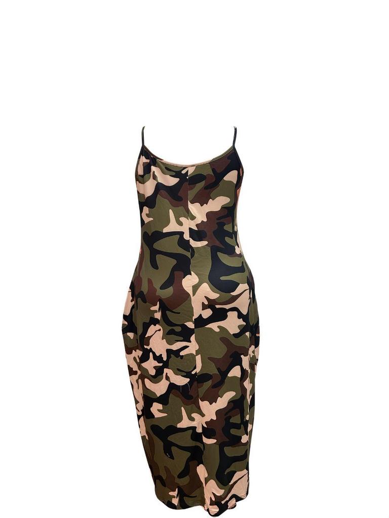 Summer Cool Spaghetti Strap Long Dress - Abstract Camouflage Print, Stylish Streetwear
