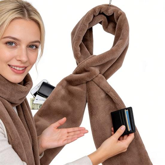 Cachecol com Zíper Invisível Cor Sólida Macio Confortável Quente Unissex Cachecol de Inverno Bolsos para Carteiras Celulares Cachecol de Passar com Pelo Sintético