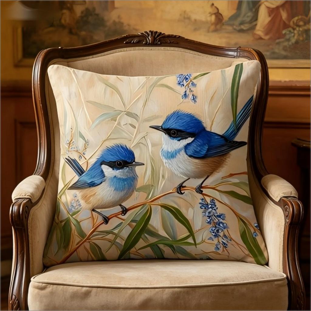 Blue Wren Bird Print Throw Pillow Cover, Vintage Oil Painting Style Decorative Cushion For Living Room Bedroom Sofa Couch