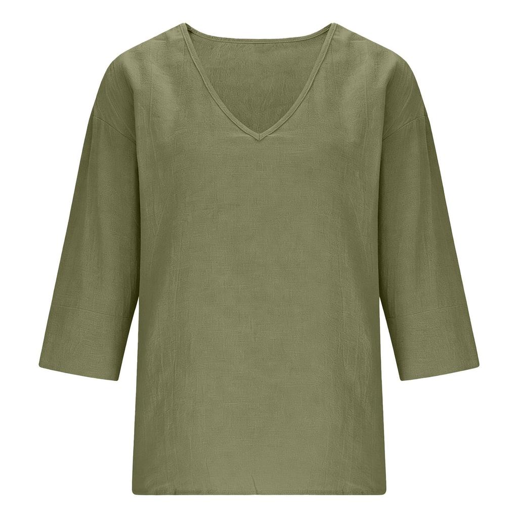 Women's Fashionable Loose-Fit -Color Cotton-Linen V-Neck Casual Blouse