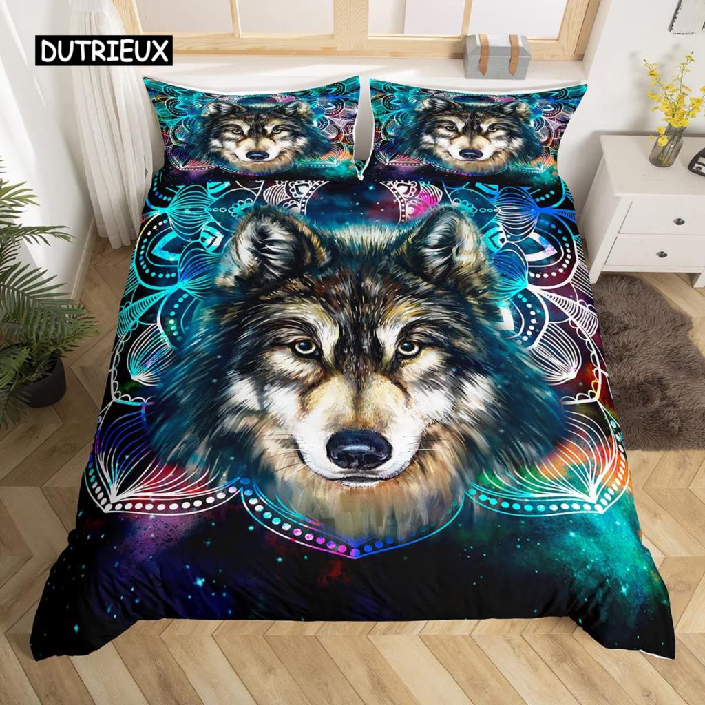Set Copripiumino Matrimoniale per Bambini Adolescenti Microfibra Tema Animale Motivo Lupo delle Nevi Copripiumino Set Letto Stampato Animali Selvatici