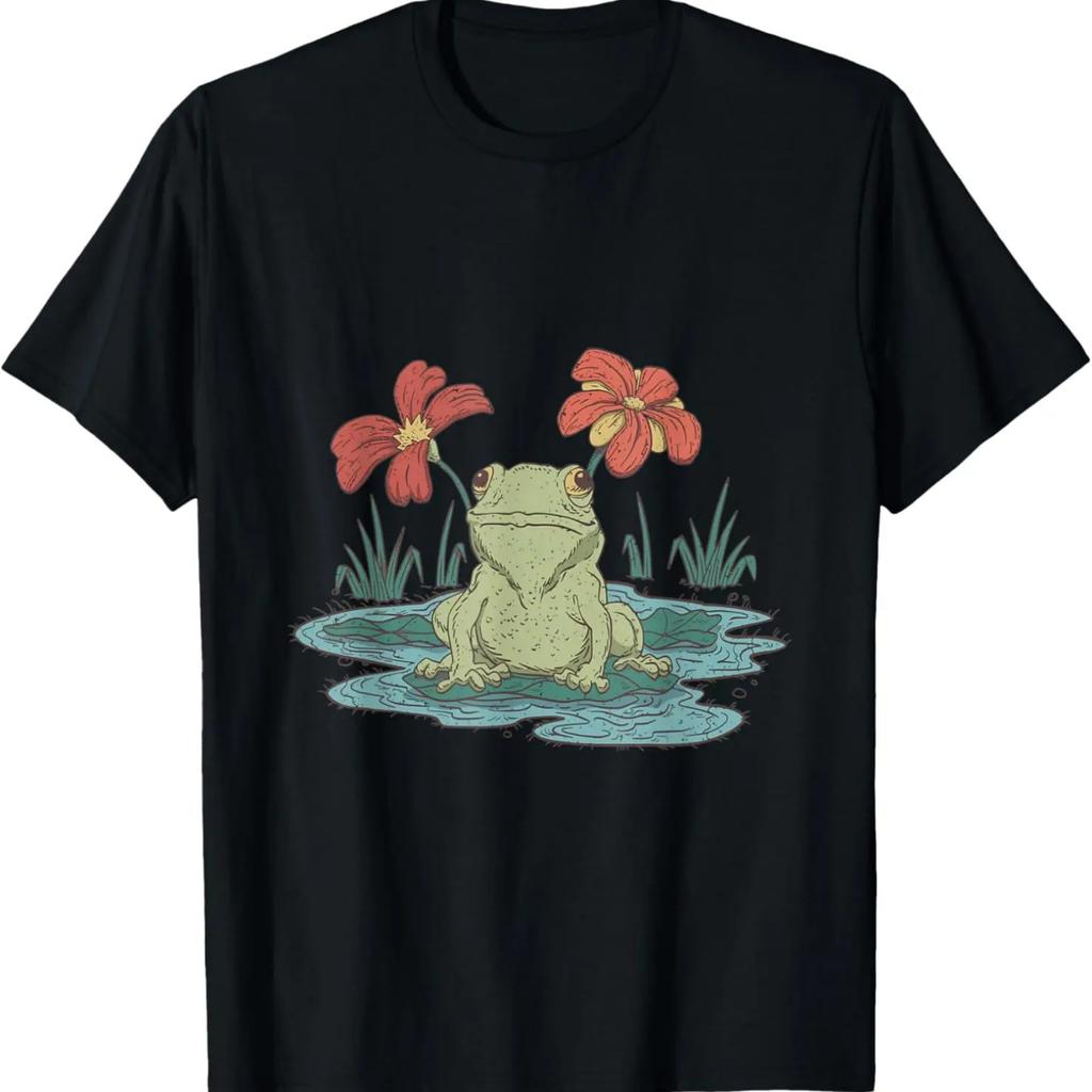Cottagecore Frog In Pond with Lily Pad and Flowers T-Shirt