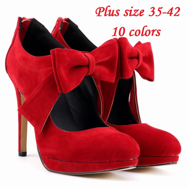 LOSLANDIFEN Nestest Fashion Women High Heels Shoes 11CM Platform Pumps Candy Color Bow Nightclub Flock Wedding  Plus Size