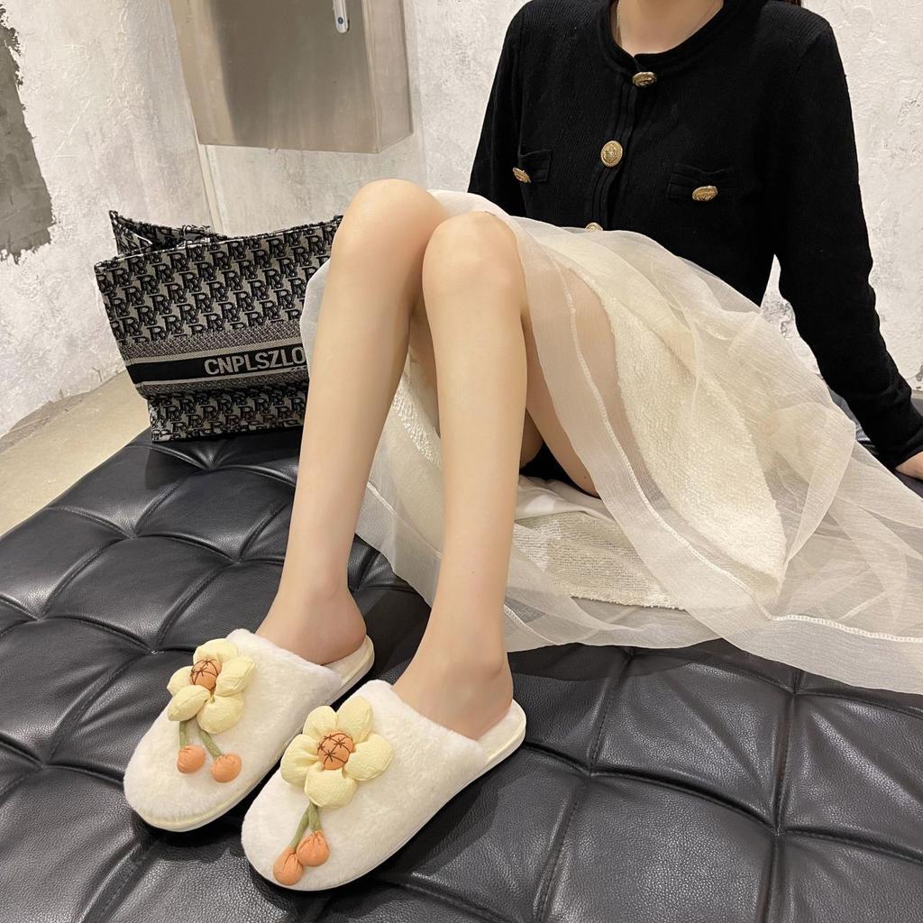 Cute Flower Fluffy Slippers 2025 Autumn and Winter New Home Dormitory Flat Bottom Non-slip Bag Head Cotton Slippers Women