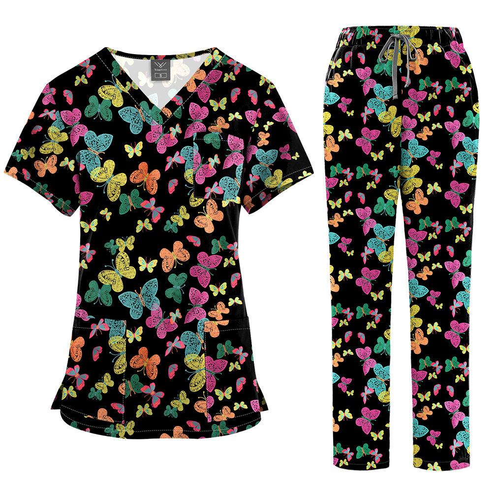 Flerfärgade Joggingdräkter Läkare Sjuksköterskeuniformer Kortärmade V-ringade Toppar Fickbyxor Sjuksköterskeskrubbar Set Medicinska Kliniska Kläder