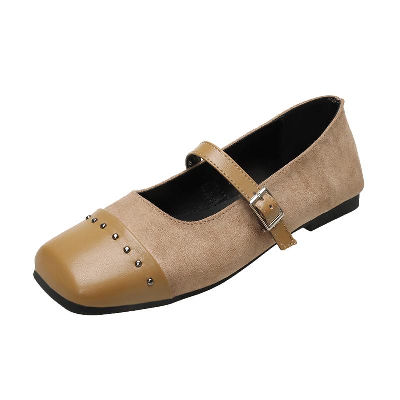 

Fashion Women s Fashion Flat Shoes Square Head Shallow Mouth Splicing Suede Rivet Soft Sole Anti-slip Wear-resistant Single Shoes 40