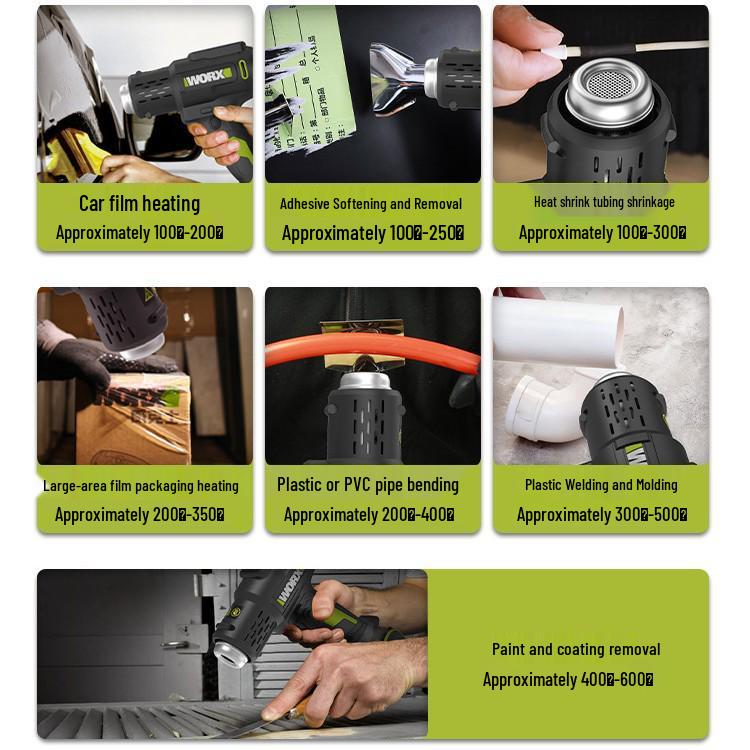 Worx WU040 Lithium Battery Hot Air Gun with Digital Display, Temperature and Speed Control for High-Temp Film Applications.