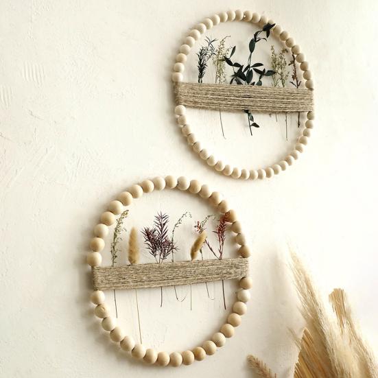 Yousheng Wood Bead Rope Wall Decoration Boho Farmhouse Rustic Round Plants Display Frame Wall Art Home Office Living Room Wall Ornament