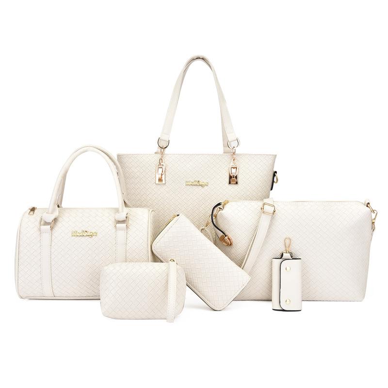 New mother and child women's bags solid color PU six-piece set woven large-capacity simple portable shoulder bag crossbody fashion
