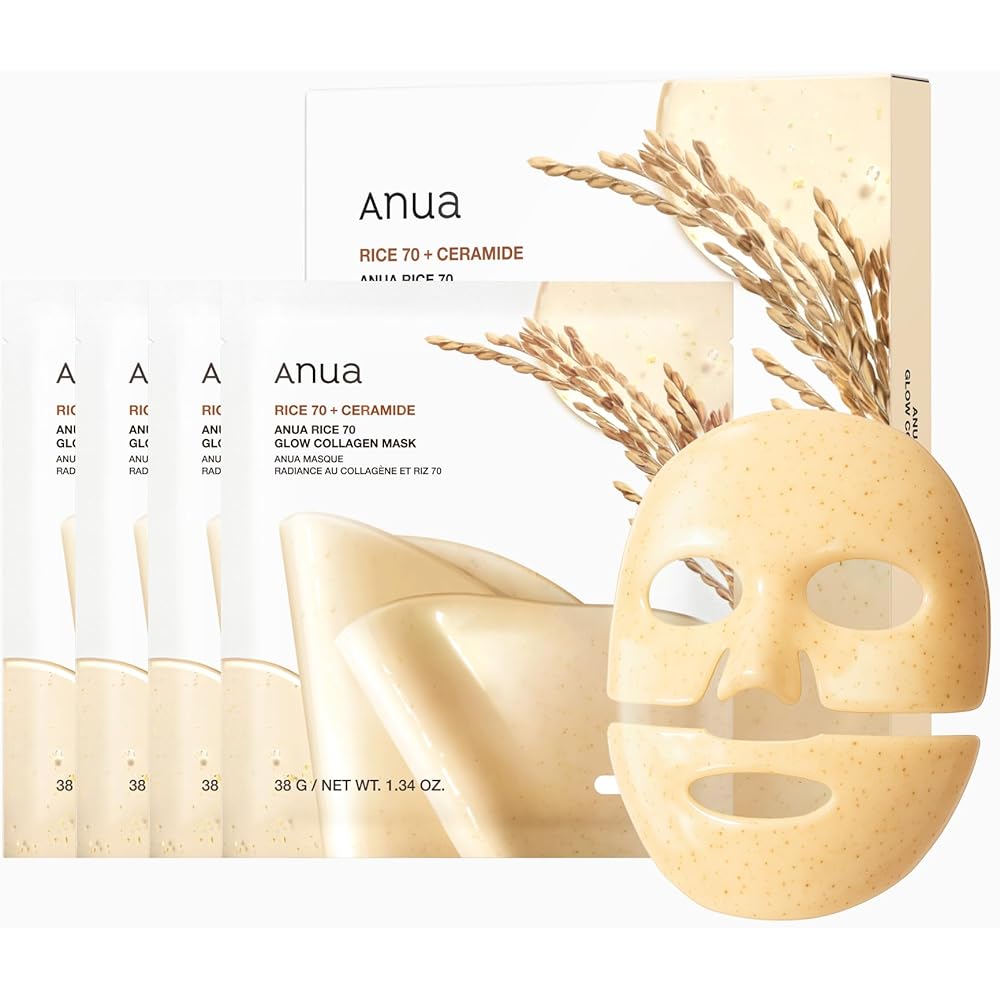 Anua Rice 70 Glow Collagen Face Mask Pack 4 Sheets Hydrating Moisturizing for Dry and Combination Skin