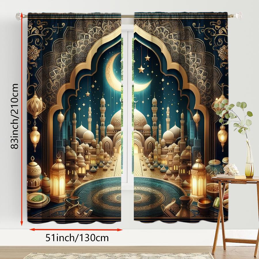 2 Stück Blau Gold Islamische Stadtansicht Vorhänge   Eleganter Stil   Schlafzimmer Wohnzimmer   Stangentasche Dekorative Vorhänge