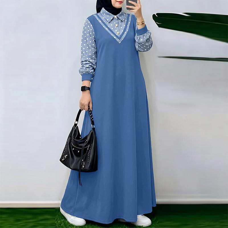 ZANZEA Women Muslim Casual Polak Dot Print Splice Long Sleeve Loose Dress