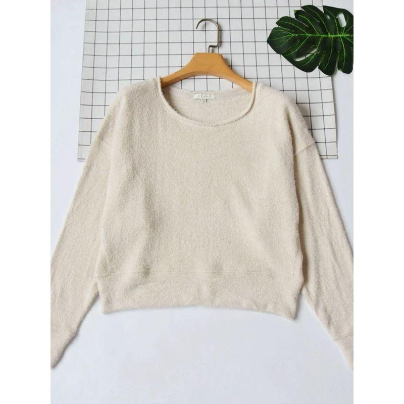 Export Fall and Winter New Arrival Women's Smooth Feather Yarn Round Neck Knitwear Short Sweater Loose Casual Pajamas Tops