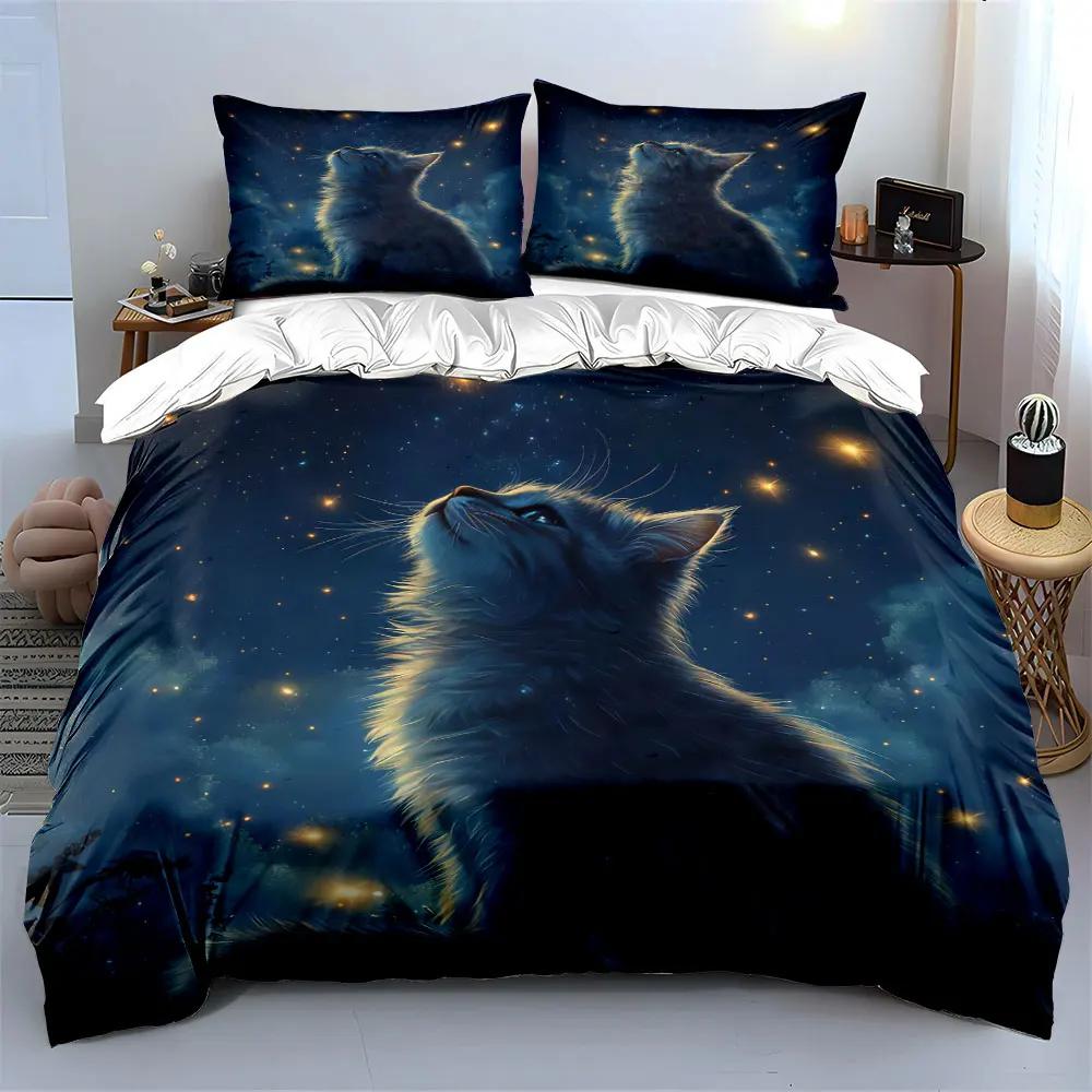 "Starry Night Cat Decor Set" Soft Comfortable Duvet Cover Bedding Set Included 1*Duvet Cover & 2*Pillowcases Gift