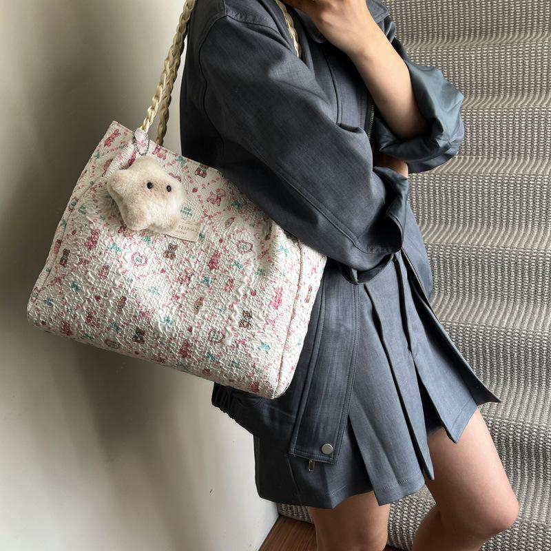 Casual Cartoon Print Tote Bag for Women Large Capacity Sweet College Style Shoulder Bag Girls Student Handbag