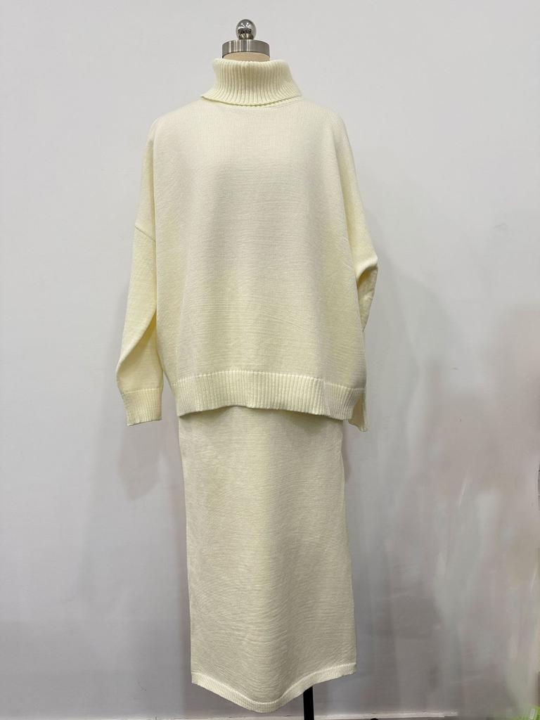 French knitted two-piece set, autumn/winter high neck, long sleeve, lazy drape sweater, straight-leg loose midi skirt for women