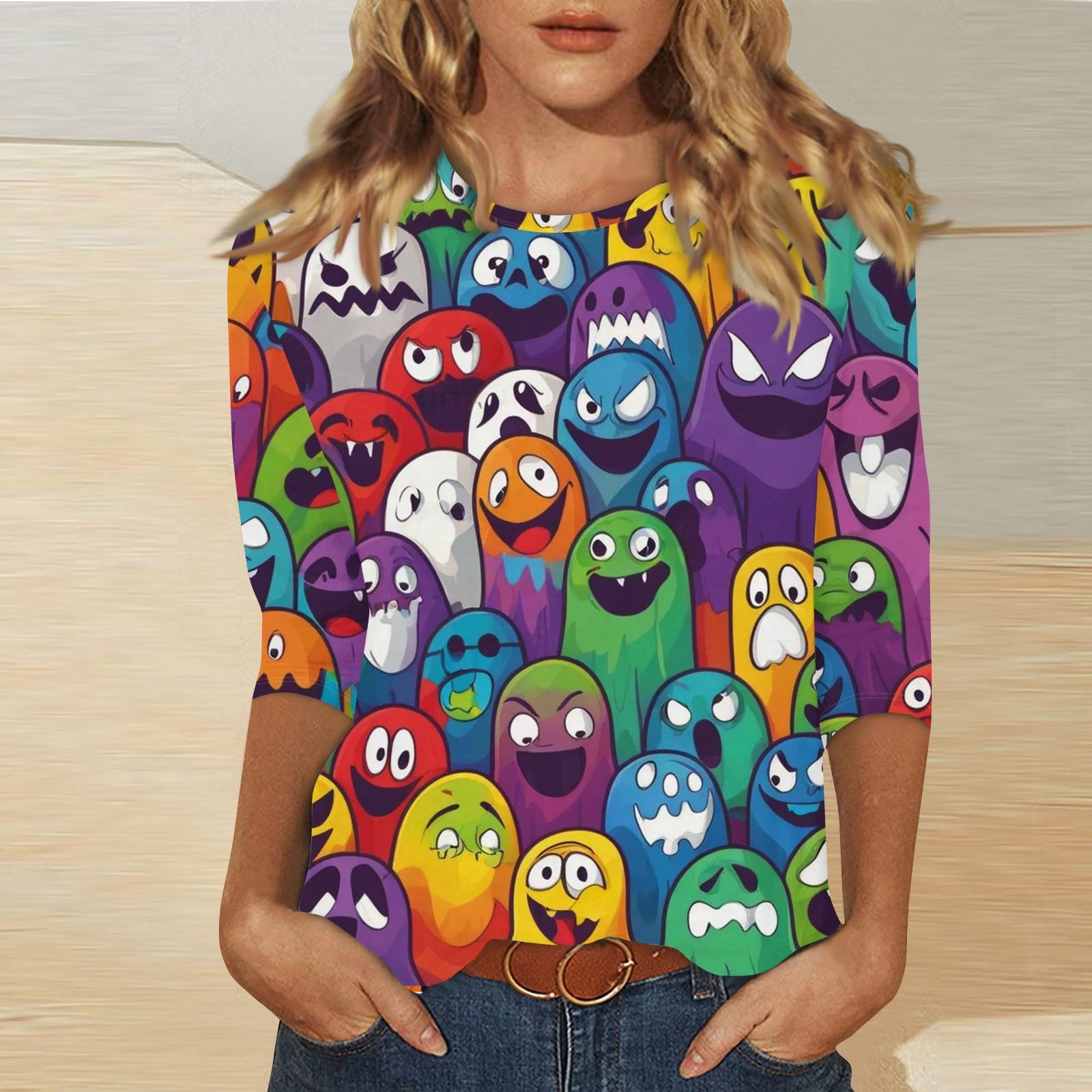 

Женская модная повседневная футболка с рукавом три четверти и принтом на Хэллоуин, с круглым вырезом XXL зелёный