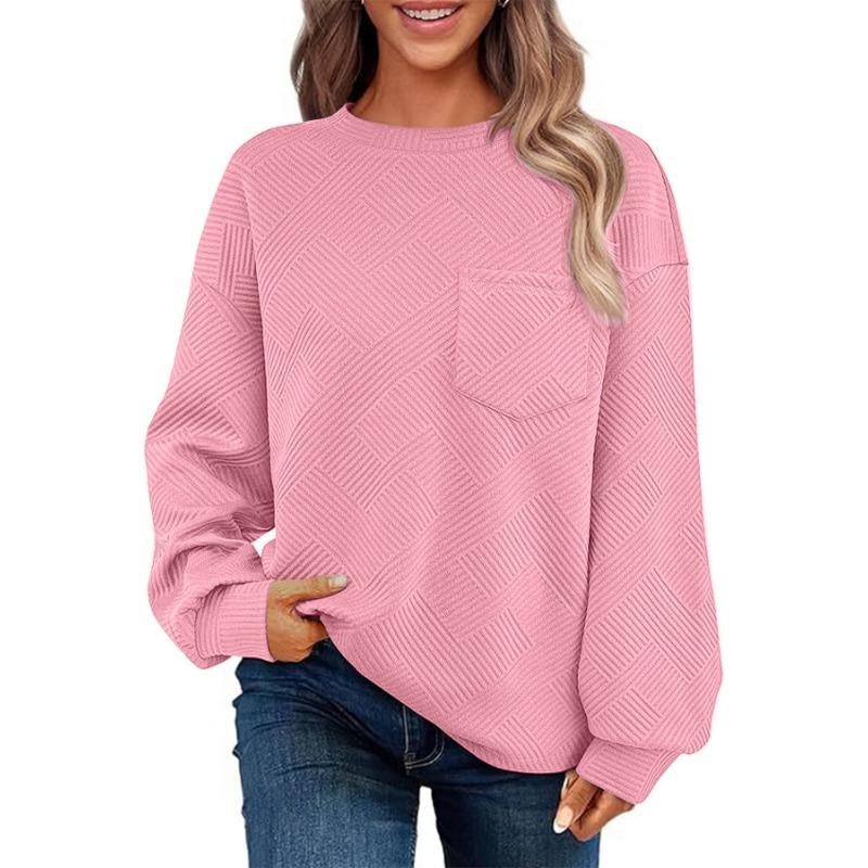 Autumn Winter Round Neck Solid Loose Casual Sweatshirt Women Long Sleeve Pocket Simple All-match Pullover Top