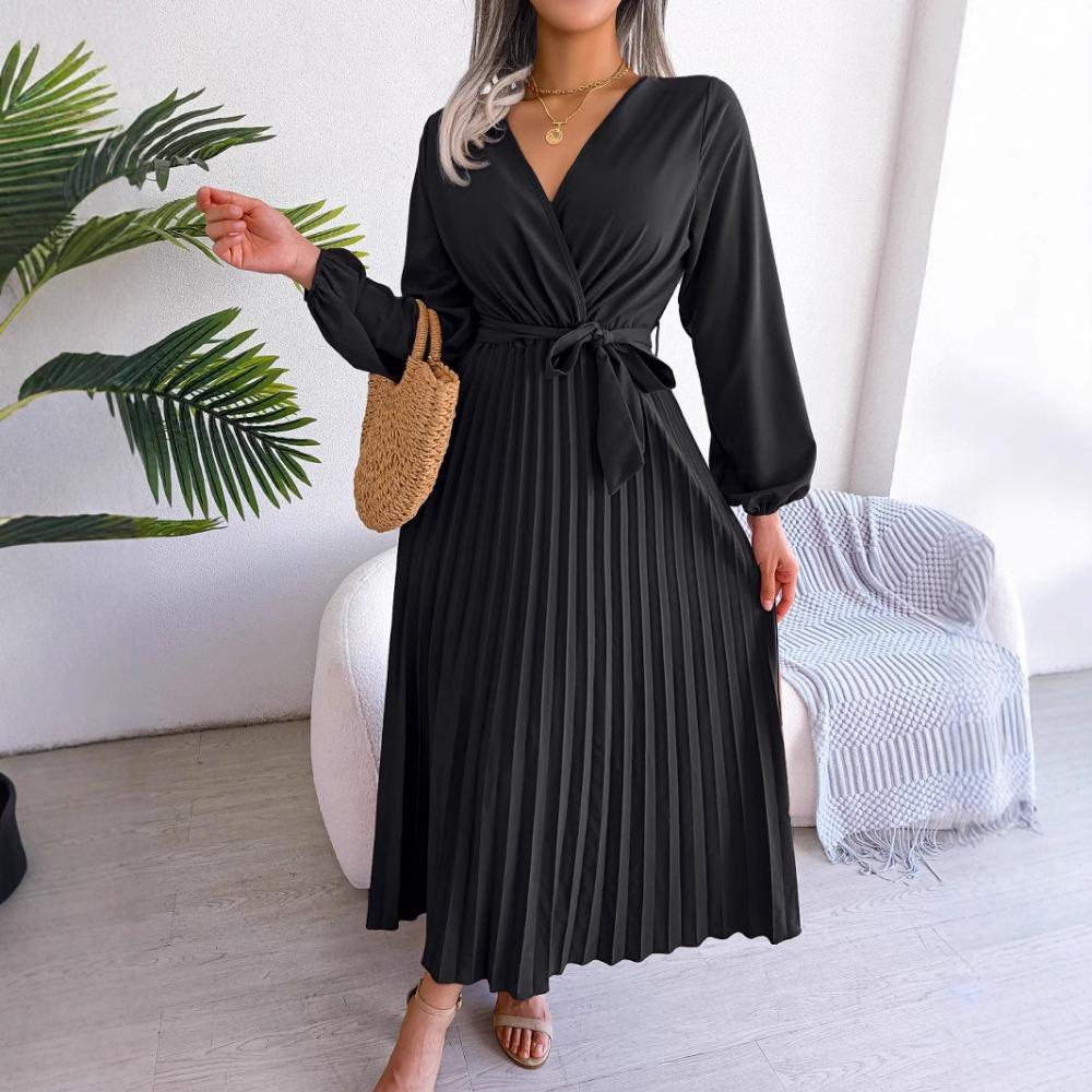 Spring and Summer Temperament Cross V-neck Big Swing Pleated Long Dress Ladies Loose Versatile New Dresses