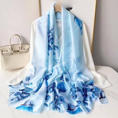 New Korean Magnolia Imitation Silk Scarf for Spring and Summer: Elegant, Decorative Shawl with Sunscreen Protection for Beaches.
