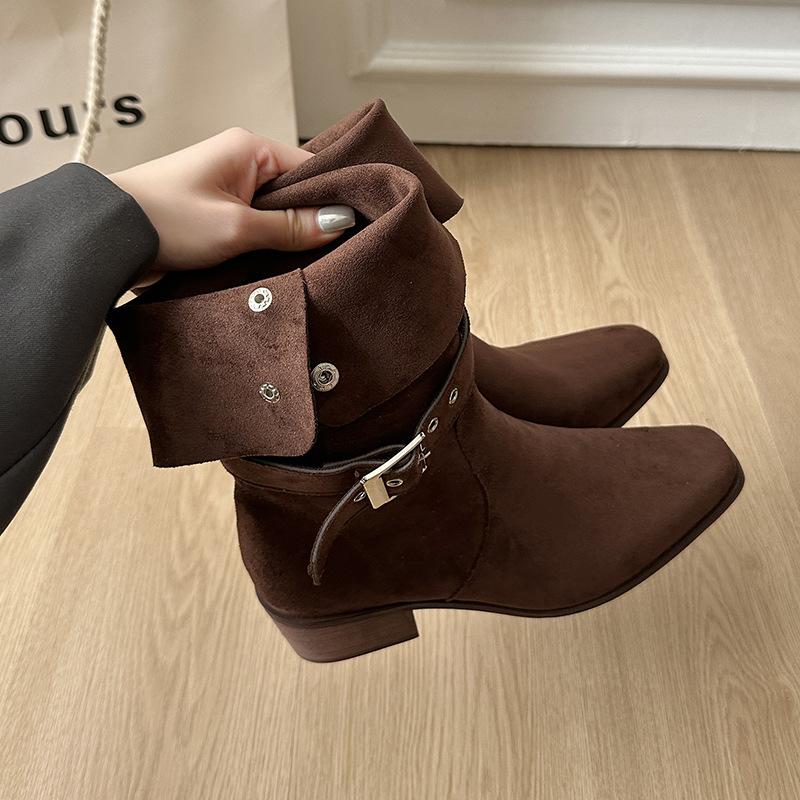 Coarse heel suede medium boots women's pile boots 2025 autumn and winter new Spice Girl retro pointed square heel western cowboy boots