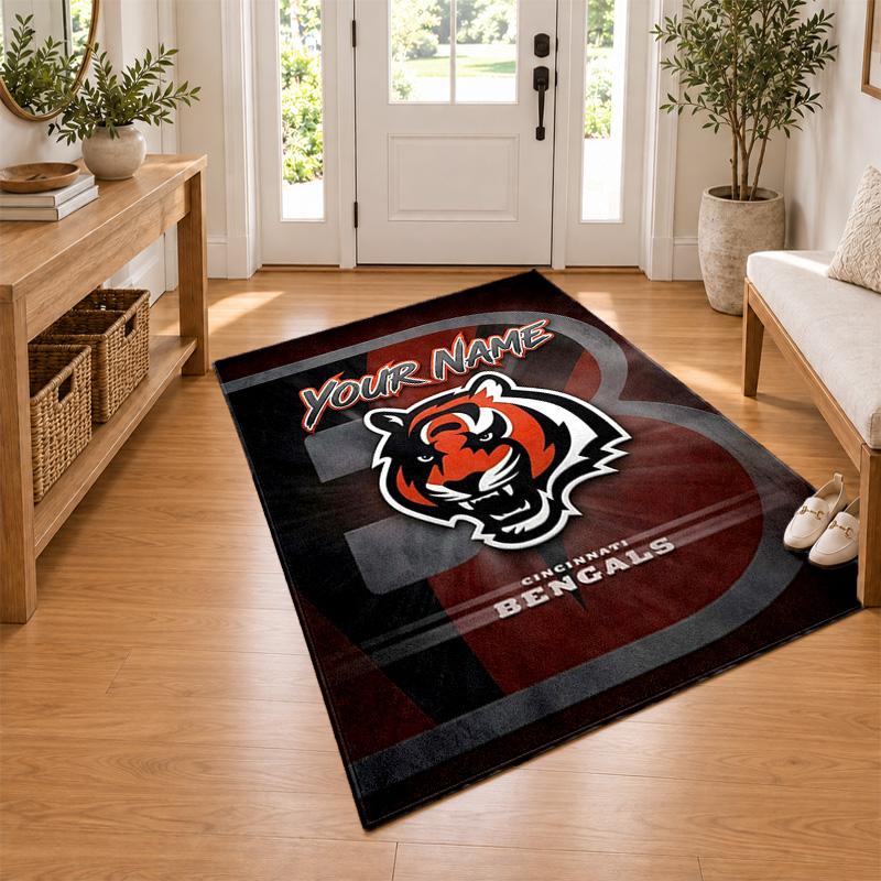 Cincinnati Bengals Custom Name Personalized Rug Non‑Slip Doormat Floor Carpet Housewarming Birthday Gift for Family Friends