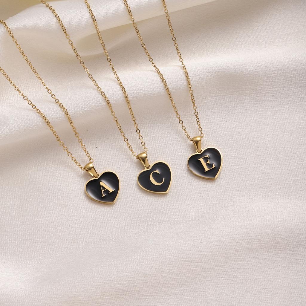 CARLIDANA Vintage Drop Oil Gold Plated Stainless Steel Heart Love Pendant Necklace for Women Initial 26 Letter Jewelry Gift
