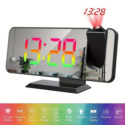 Dynamický RGB projekční budík Digitální automatické stmívání 180° otočný projektor Stolní hodiny 12H/24H Ložnice Elektronické LED hodiny