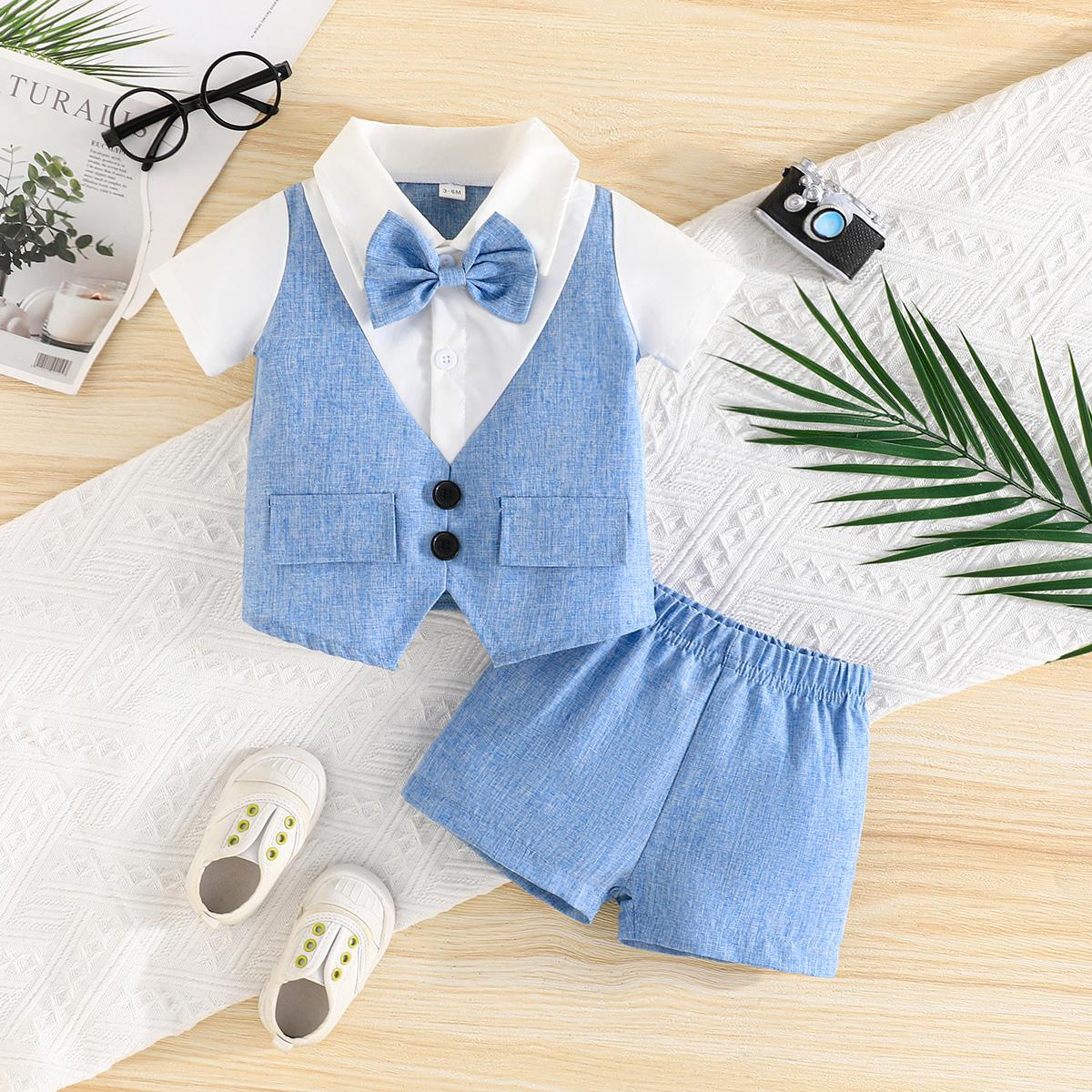 Baby Boy Gentleman Outfit, 2PCS Fake Two-Piece Vest Shirt & Shorts with Bow Tie 3-6M василек синий