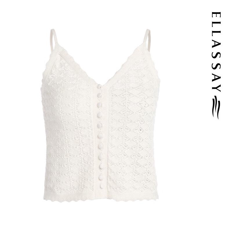 ELLASSAY Women's Lyocell Crochet Knit V-Neck Top