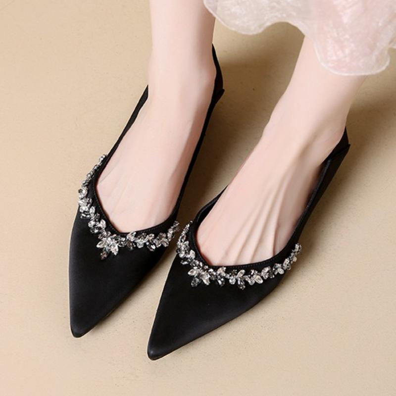 Fashion Elegant Pointed Toe Crystal Low Heel Pumps Women Comfort Shallow Brand Designer Shoe Luxury Wedding Bridal Shoe Zapatos De Mujer