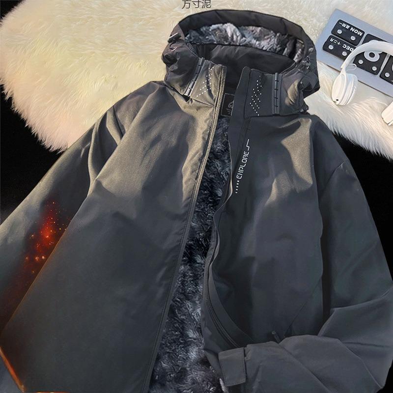 Fleece American jacket men's autumn and winter hooded black outdoor large size windproof trend casual