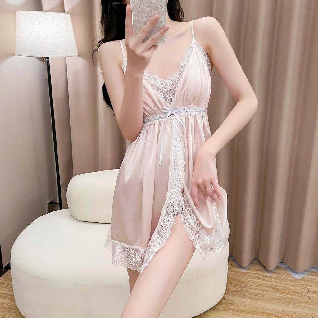 Women's Summer Halter Pajamas with Chest Pads, Lace Suspender Pajamas, Long-sleeved Two-piece Set, Sexy Pure Desire Ice and Snow Silk Loungewear