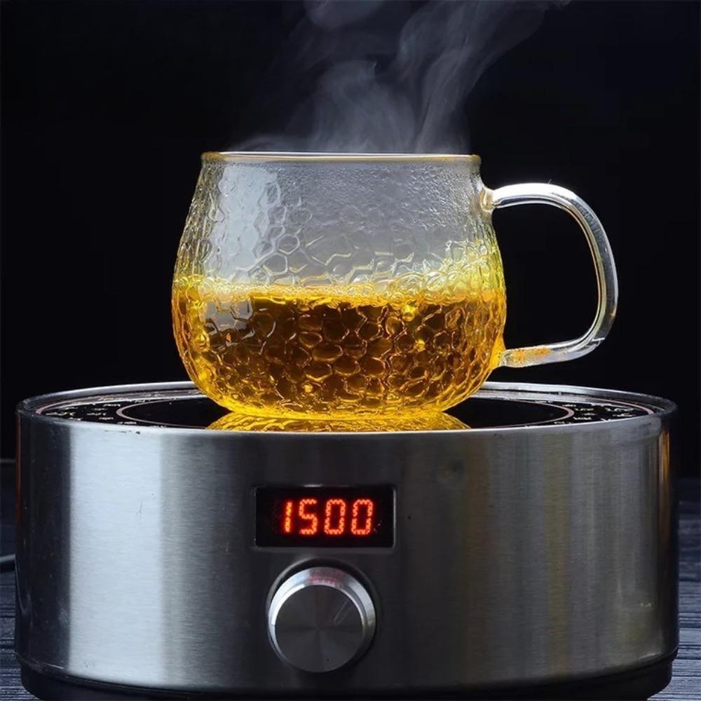 Thickened Hammer Grain Round Fun Cup Glass Office Teacup Filtration High Temperature Resistant with Handle Large Size with Lid