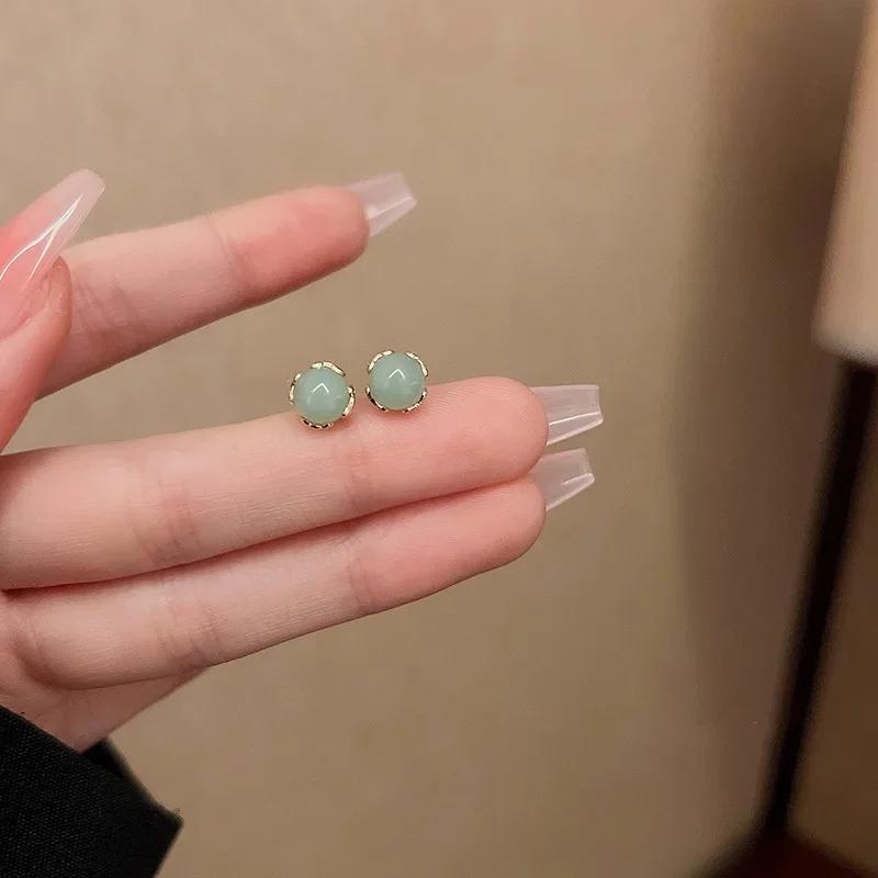 Mini Bead Imitation Hotan Jade Green Stud Earring for Women Female Sweet Jewelry Wedding Christmas Gift